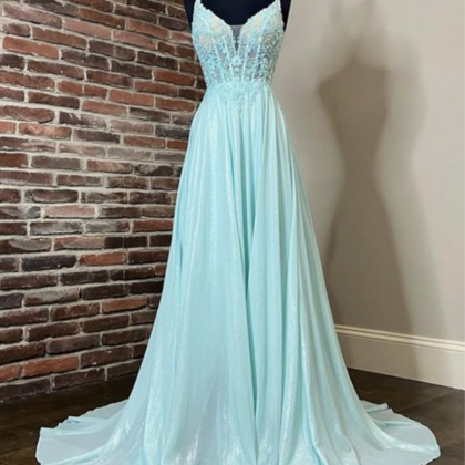 Spaghetti Long A-line Lace Chiffon Prom Dresses,..