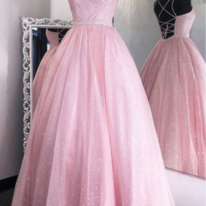 Pink Sequin Tulle Prom Dresses, Sparkle Prom..