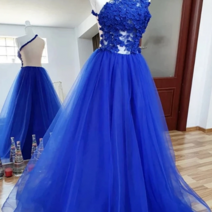 One Shoulder Backless Royal Blue Lace Long Prom..