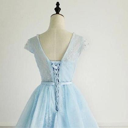 Lace Cap Sleeves Cute Short Party Dress, Blue..