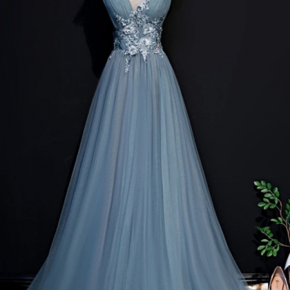 Beautiful Blue Tulle Long Party Dress, A-line Prom..