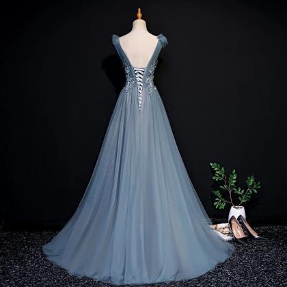 Beautiful Blue Tulle Long Party Dress, A-line Prom..