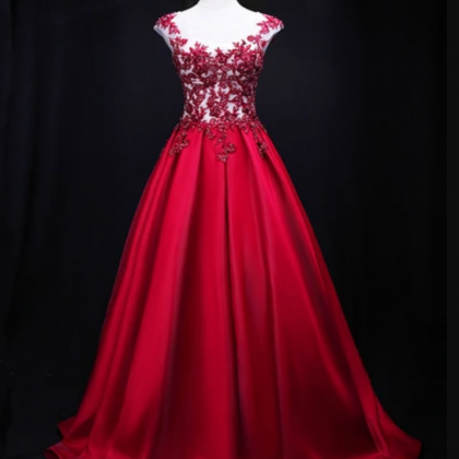 Dark Red Satin Long Cap Sleeves Formal Dress, Prom..