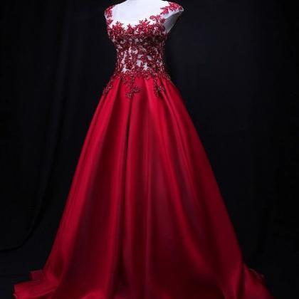 Dark Red Satin Long Cap Sleeves Formal Dress, Prom..