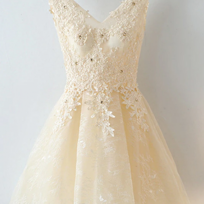 Cute Light Champagne Lace Knee Length Party Dress,..