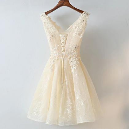 Cute Light Champagne Lace Knee Length Party Dress,..
