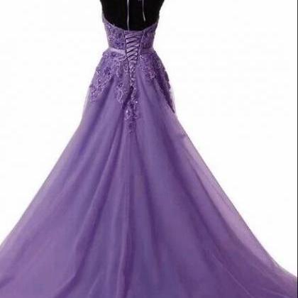 Neck Lace Prom Dress With Sweep Train, Backless..