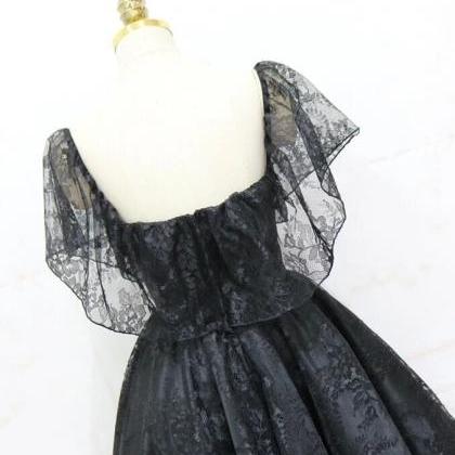 Black Off Shoulder Lace Short Party Dress, Black..