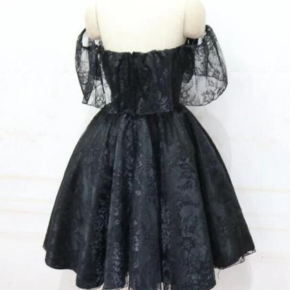 Black Off Shoulder Lace Short Party Dress, Black..
