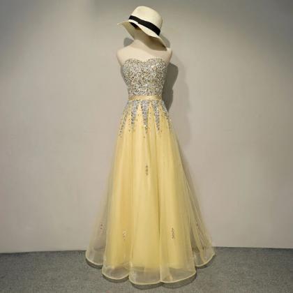 Light Yellow Sweetheart Sequins Tulle Long Prom..