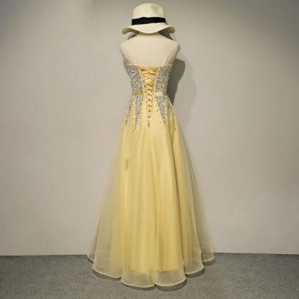 Light Yellow Sweetheart Sequins Tulle Long Prom..