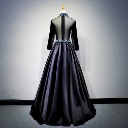 Black Satin And Velvet Long Sleeves Party Gown,..