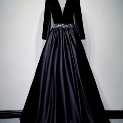 Black Satin And Velvet Long Sleeves Party Gown,..