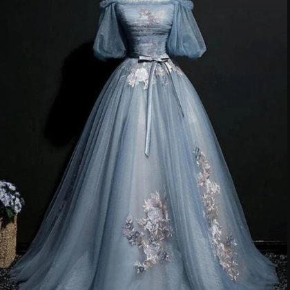 Tulle Puffy Sleeves Long Formal Gown, Prom Dress
