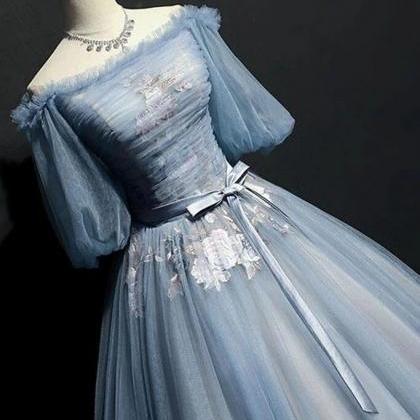 Tulle Puffy Sleeves Long Formal Gown, Prom Dress