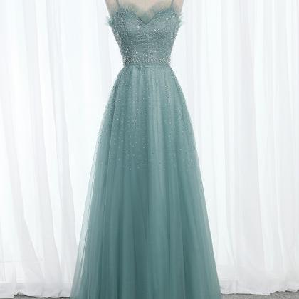 Green Tulle Sweetheart Long Beaded Prom Dress,..