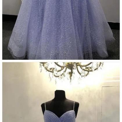 Light Blue Tulle Sequins V Neck Long Dress..