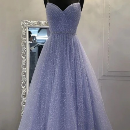 Light Blue Tulle Sequins V Neck Long Dress..