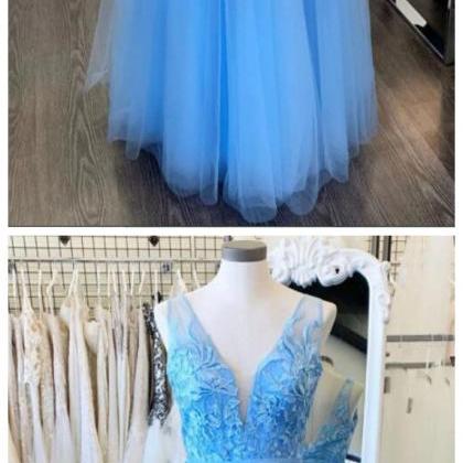Blue Tulle V Neck Women Party Gowns Blue Lace A..