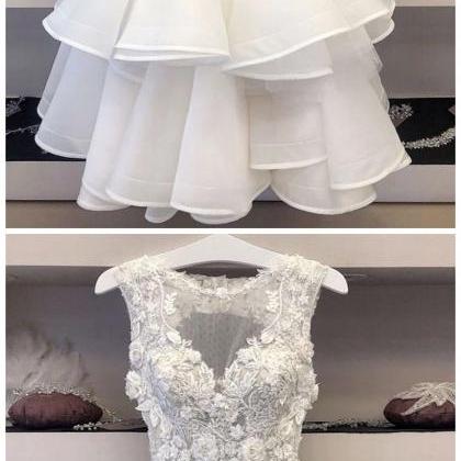 White Tulle 3d Lace V Neck Homecoming Dress, Short..