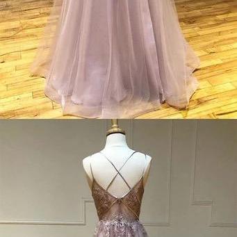 Light Pink Tulle Lace V Neck Long Dress, Long A..
