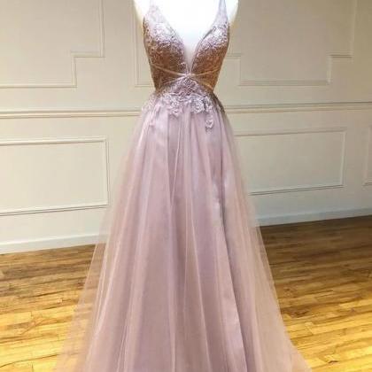 Light Pink Tulle Lace V Neck Long Dress, Long A..