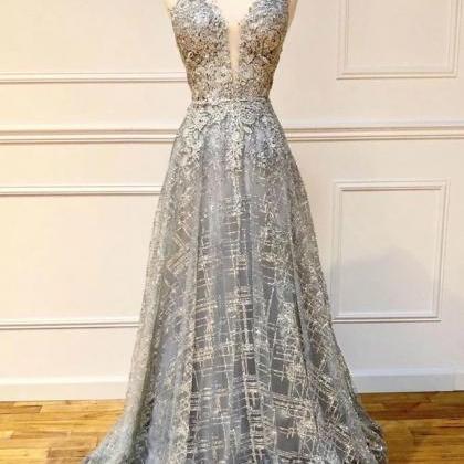 Gray Lace Long Dress, Long V Neck Halter Prom..