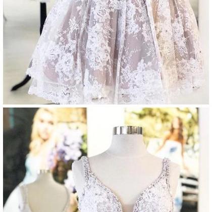 White Lace V Neck Pearl Beaded Short Prom Dress,..