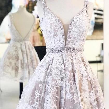 White Lace V Neck Pearl Beaded Short Prom Dress,..