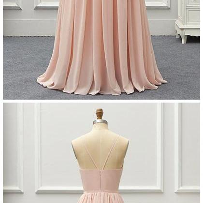 Beautiful Pink Chiffon Strps Long Prom Dress, Pink..