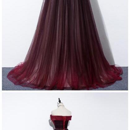 Long Tulle Off Shoulder Gradient Beaded Long Prom..