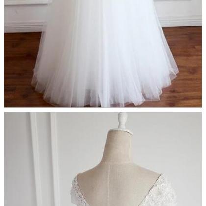 Beautiful White Tulle Long Wedding Party Dress,..