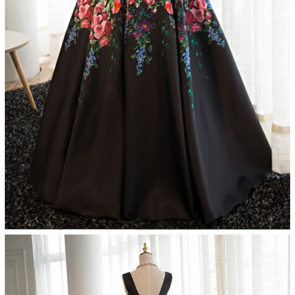 Elegant Black V-neckline Floral Satin Party Dress,..