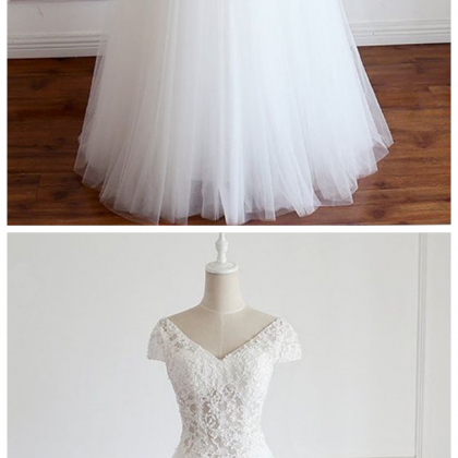 Tulle V Neck Cap Sleeve Long Lace Wedding Dress,..