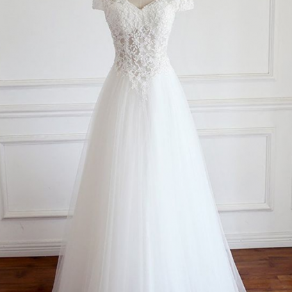 Tulle V Neck Cap Sleeve Long Lace Wedding Dress,..