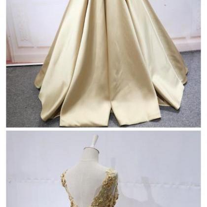 Light Champagne Satin Long With Lace Applique..