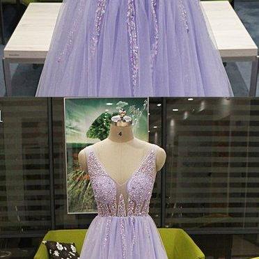 Beautiful Lavender Beaded Top V-neckline Prom..