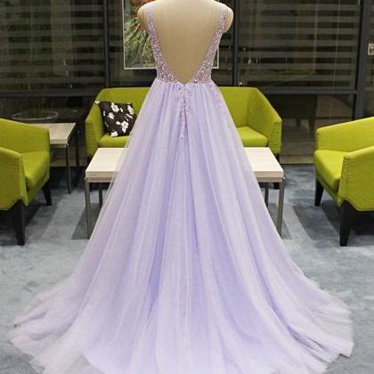 Beautiful Lavender Beaded Top V-neckline Prom..