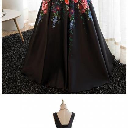 Black Floral Satin V-neckline Prom Dress, Charming Formal Gown, Party ...
