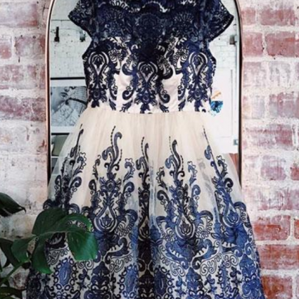 Blue Lace Applique Short Prom Dress, Blue..