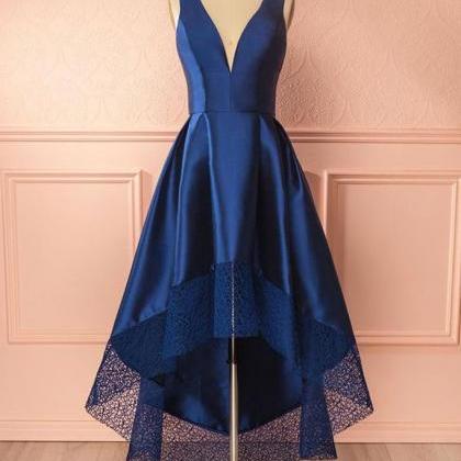 Trendy A-Line Dark Blue Junior V Neck Long Lace Prom Gown SREAL101