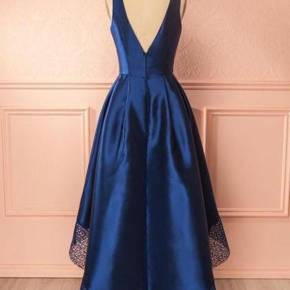 Dark Blue A Line V Neck High-low Lace Satin Simple..