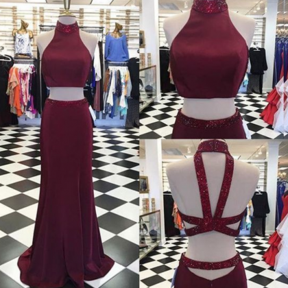 Sexy Two Piece Burgundy Long Prom Dress With..