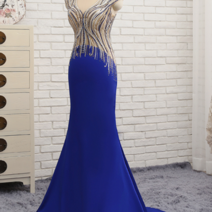 Royal Blue Cap Sleeve Embroidery Long Elegant Prom..