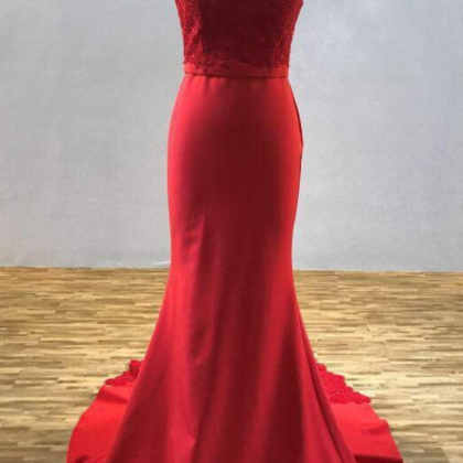 Lace Train Mermaid Bridesmaid Dresses,red..