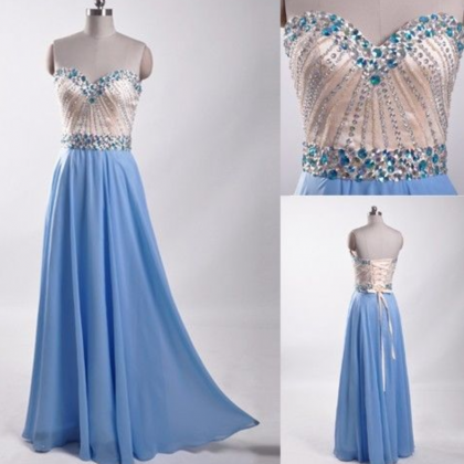 Charming Classy Prom Dress,blue Beading Prom..