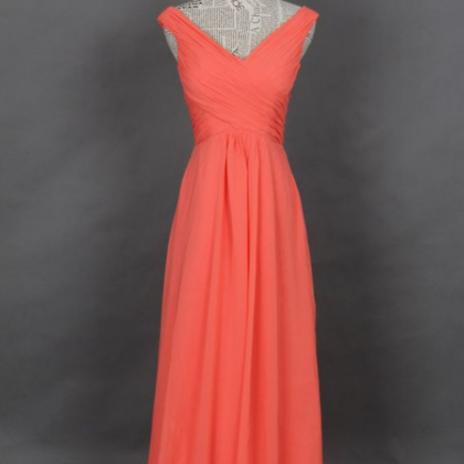 Chiffon Prom Dress, Coral Straps V-neck Long Prom..