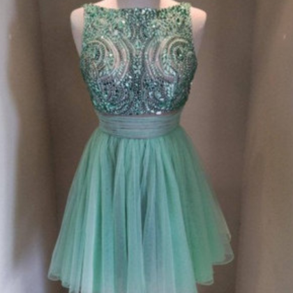 Green Tulle Homecoming Dress, Rhinestone Prom..