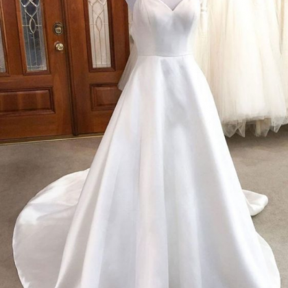 Simple V Neck Satin Long Wedding Dress Bridal..
