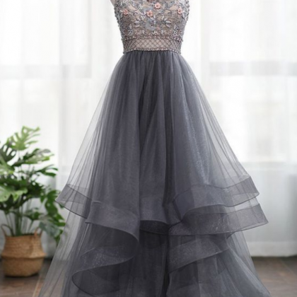 A-line 3d Flowers Backless Beading High Neck Tulle..